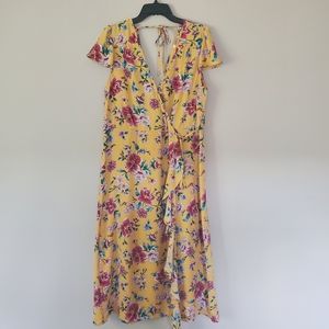 Xhilaration Yellow Floral Wrap Ruffle Midi Dress XL